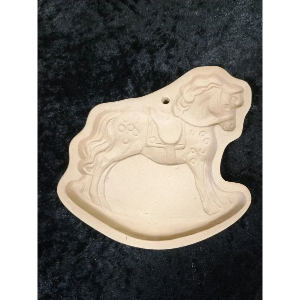 Vintage Brown Bag Cookie Art 1984 Rocking Horse Stoneware Mold Tan Ceramic Decor